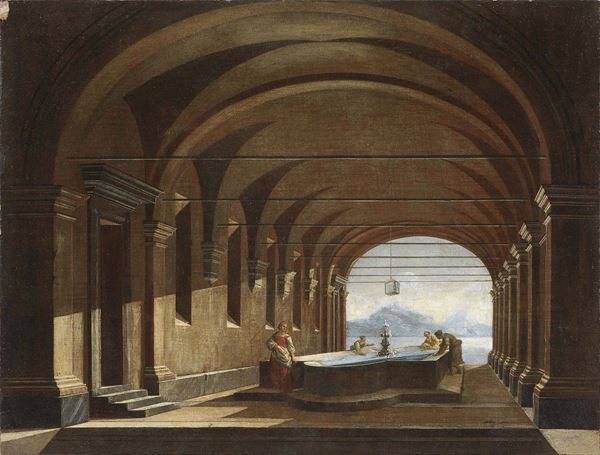 Viviano Codazzi (attr. a) - Architettura con vasca e lavandaie