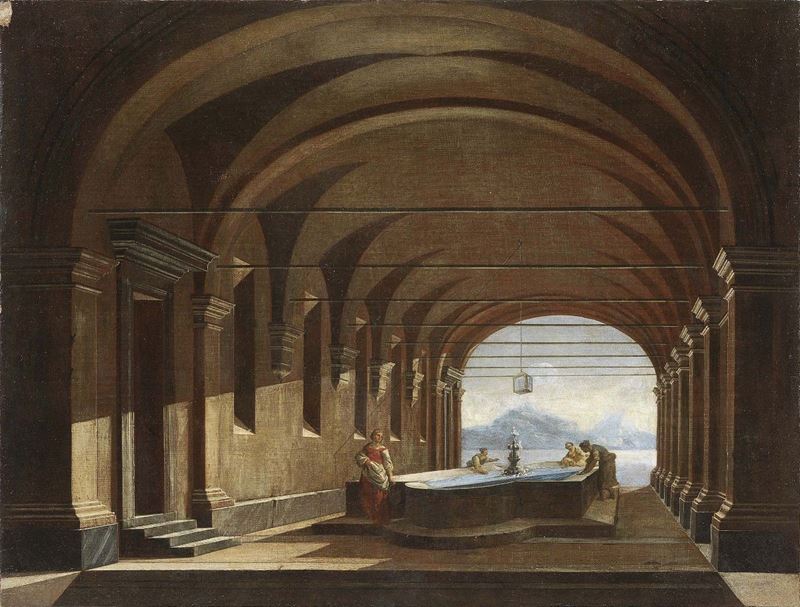Viviano Codazzi (attr. A) - Architettura con Vasca e Lavandaie