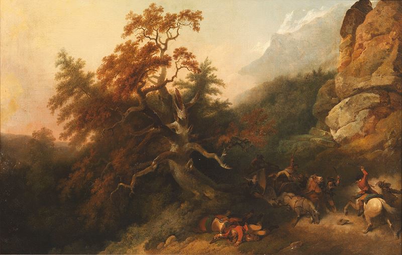 Philippe Jacques De Loutherbourg il Giovane - Paesaggio con Viaggiatori Attaccati dai Banditi