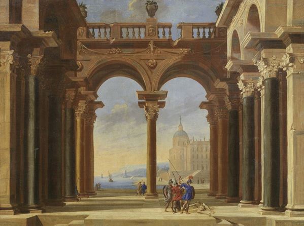 Codazzi Viviano - Veduta di portico con colonnato classico e sfondo di città di mare