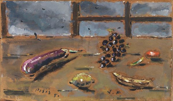 Filippo de Pisis : Natura morta nella serra (La melanzana)  (1951)  - Olio su tavola - Auction ARTE MODERNA - II - Casa d'aste Farsettiarte