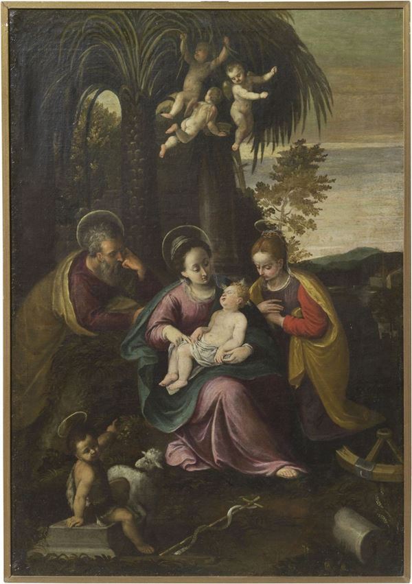 Scuola genovese del XVII secolo : Riposo dalla fuga in Egitto  - Olio su tela - Auction IMPORTANT OLD MASTERS PAINTINGS - I - Casa d'aste Farsettiarte