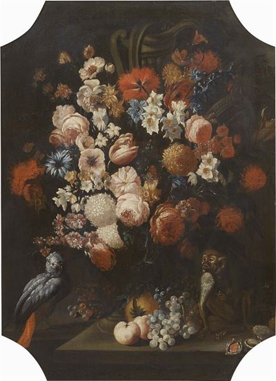 Natura Morta con Fiori, Frutta, Pappagallo e Scimmia