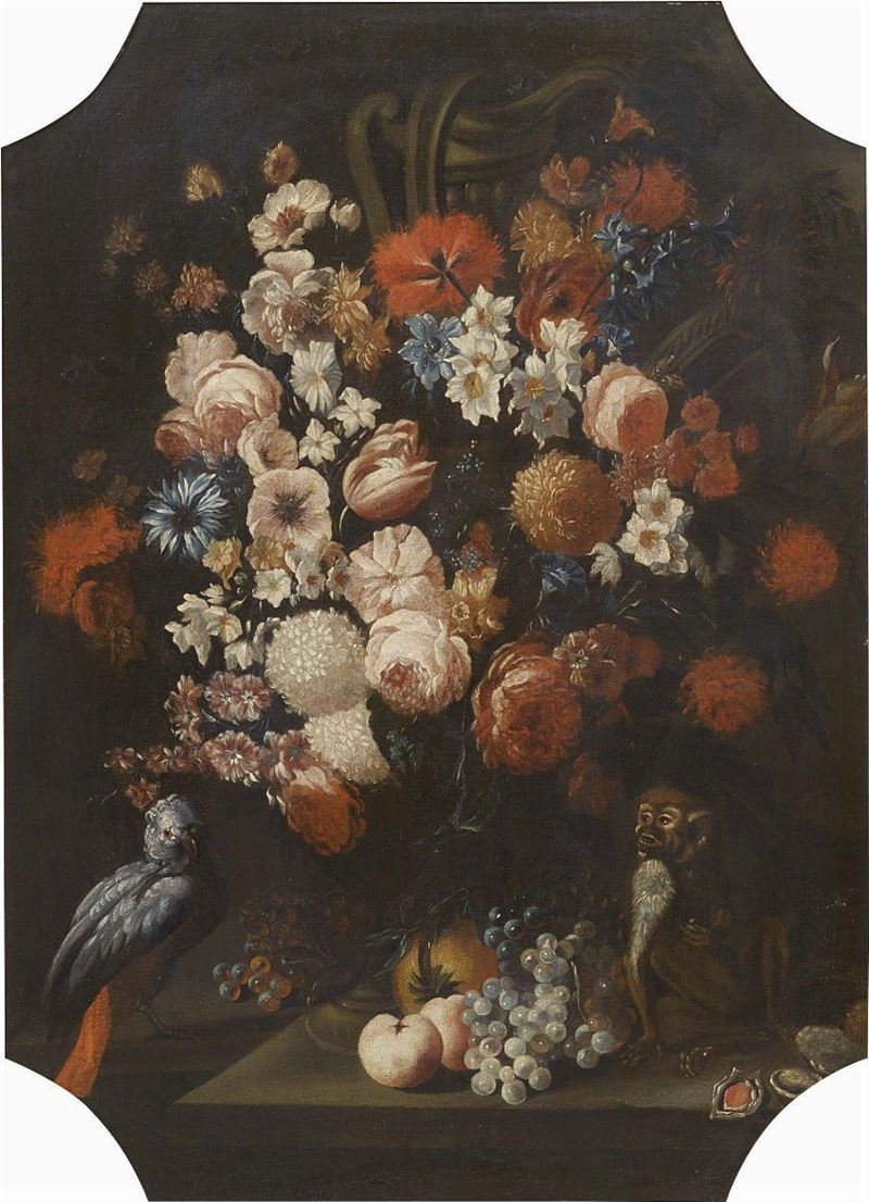 Scuola Romana Fine XVII Secolo - Natura Morta con Fiori, Frutta, Pappagallo e Scimmia
