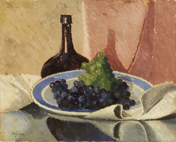 Oscar Ghiglia - Natura morta con uva e bottiglia