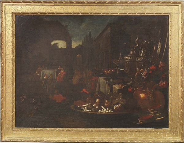 Scuola fiamminga del XVII secolo - «Natura morta con scena di convivio e musicanti» e «Natura morta con figure, cofanetto e tavola imbandita»