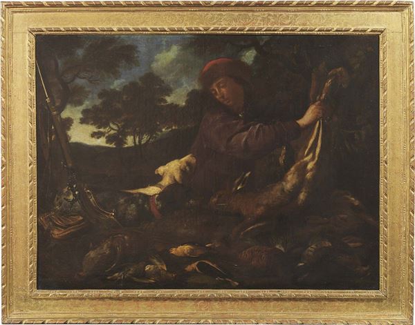 Scuola Italia settentrionale fine XVII secolo - «Natura morta con cacciatore» e «Natura morta con pescatore»
