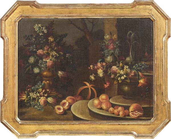 Scuola Italia settentrionale del XVIII secolo - «Natura morta con frutta, fiori e fontana» e «Natura morta con vaso rovesciato, pesci e fiori»