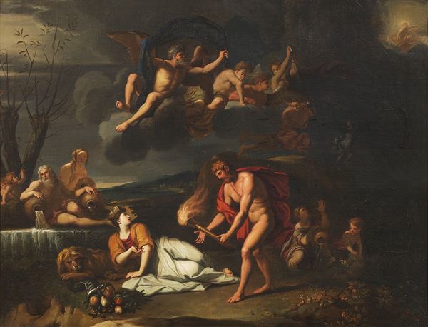 Scuola francese fine XVII secolo - Allegoria con divinità fluviali e Apollo sul carro del Sole