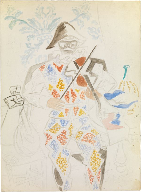 Gino Severini : Arlecchino  (1943 ca.)  - Acquerello e matita su carta applicata su cartoncino - Asta ARTE MODERNA - II - Casa d'aste Farsettiarte