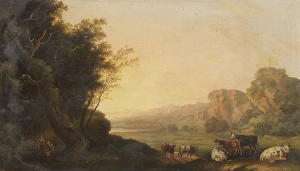 Ignoto del XIX secolo - Paesaggio della campagna romana con armenti e due figure