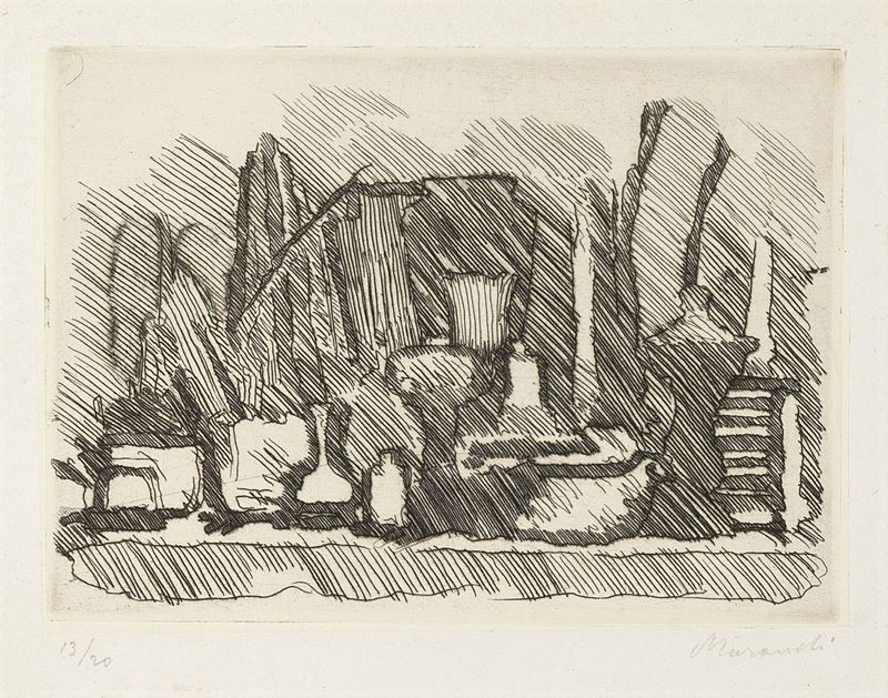 Giorgio Morandi - Natura Morta di Vasi, Bottiglie Ecc. su un Tavolo