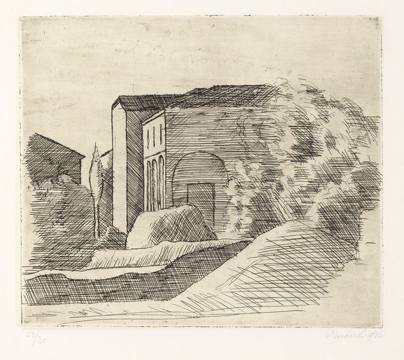 Giorgio Morandi - La Casetta con il Portico e il Cipresso (lastra Grande)