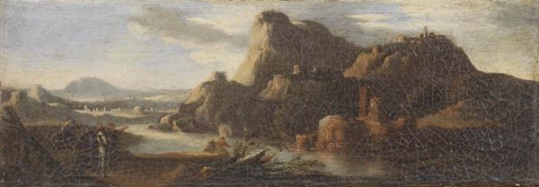 Ignoto del XVII secolo - Paesaggio lacustre con cavaliere