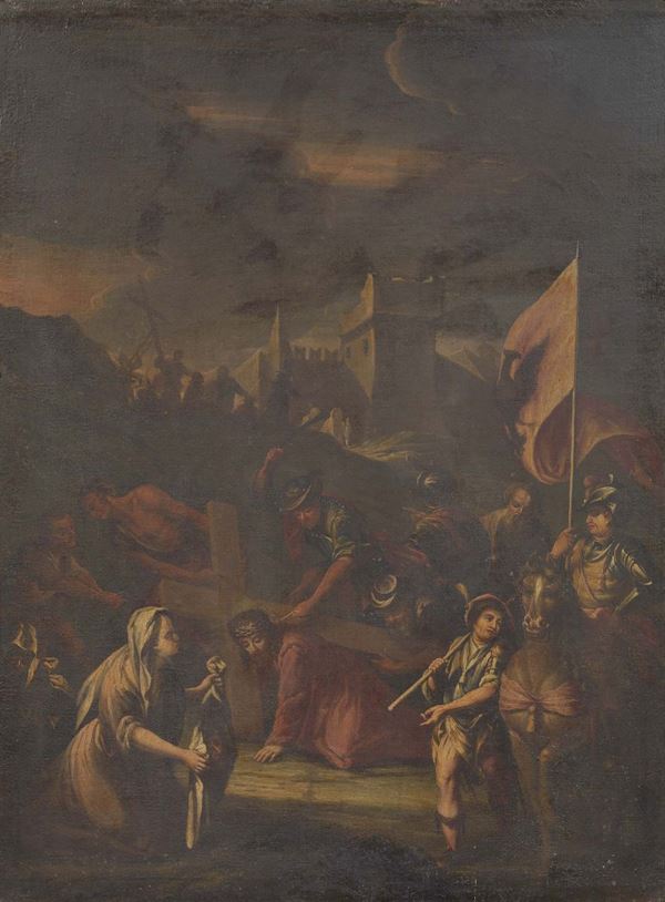 Scuola lombarda fine XVII secolo - Veronica che aiuta Gesù con paesaggio turrito sullo sfondo