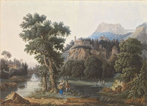Scuola francese fine XVIII secolo - «Paesaggio con fiume e borgo murato» e «Paesaggio con cascata, ponte e figure»