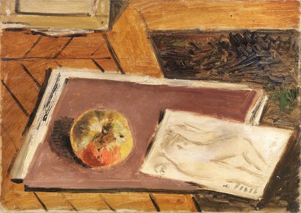 Filippo de Pisis : Natura morta con mela e nudino  (1928)  - Olio su tela - Auction ARTE MODERNA - II - Casa d'aste Farsettiarte