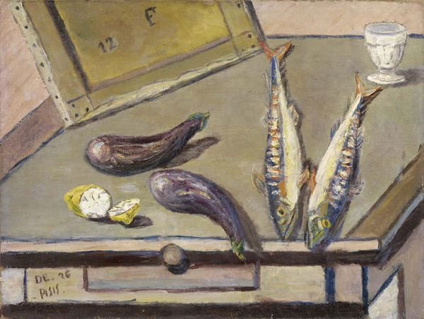 Filippo de Pisis : Natura morta con melanzane e sgombri  (1926)  - Olio su tela - Auction MODERN AND CONTEMPORARY ART PART II - II - Casa d'aste Farsettiarte