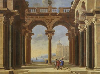 Veduta di Portico con Colonnato Classico e Sfondo di Città di Mare