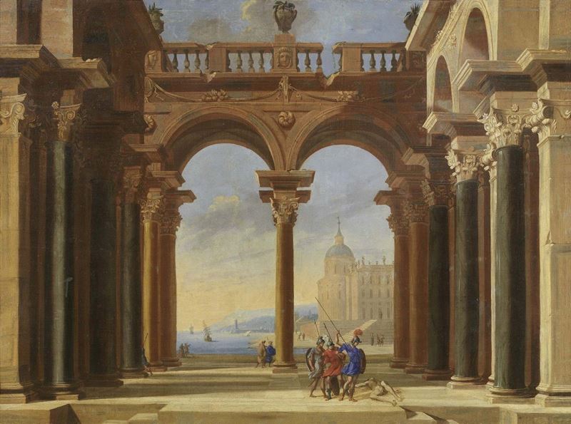 Codazzi Viviano - Veduta di Portico con Colonnato Classico e Sfondo di Città di Mare