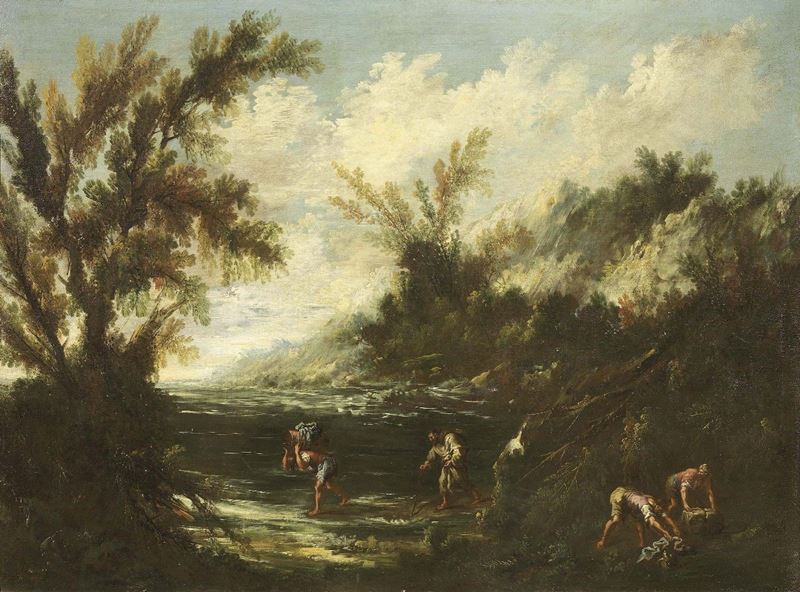 Alessandro Magnasco e Antonio Francesco Peruzzini (attr. A) - Paesaggio con Figure al Fiume