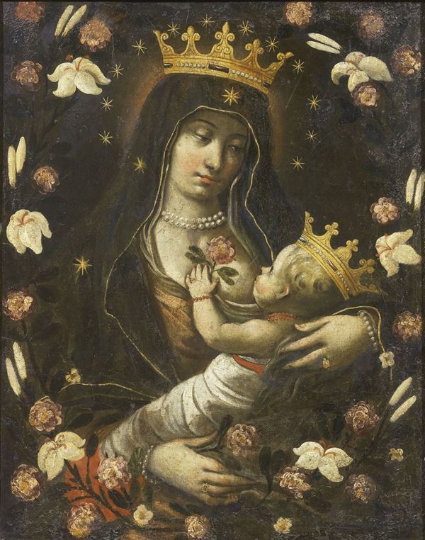 Scuola senese del XVII secolo - Madonna col Bambino in ghirlanda di fiori