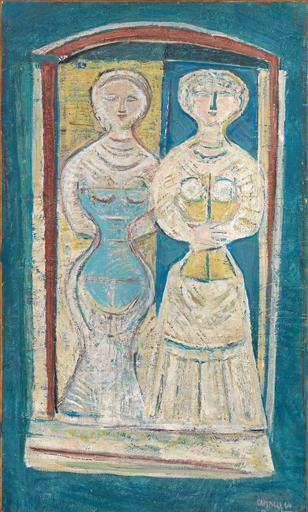 Massimo Campigli : Due donne sulla porta  (1964)  - Olio su tela - Asta ARTE MODERNA - II - Casa d'aste Farsettiarte