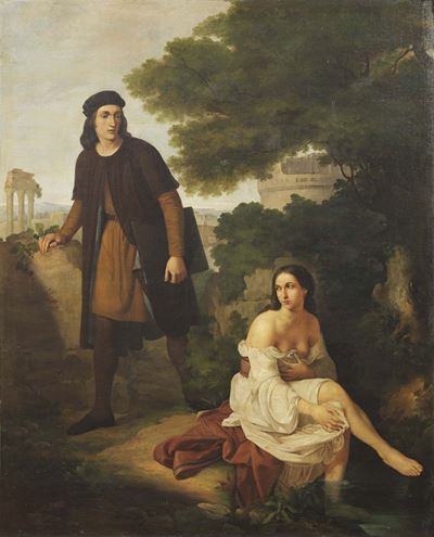Raffaello e la Fornarina sullo Sfondo di Castel Sant'angelo