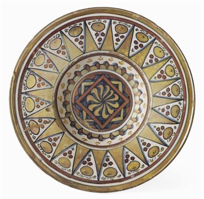 Piatto in Maiolica Policroma a Lustro Blu, Oro e Rosso
