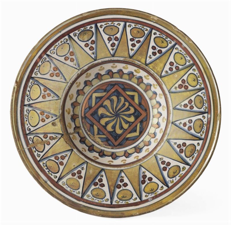 Piatto in Maiolica Policroma a Lustro Blu, Oro e Rosso