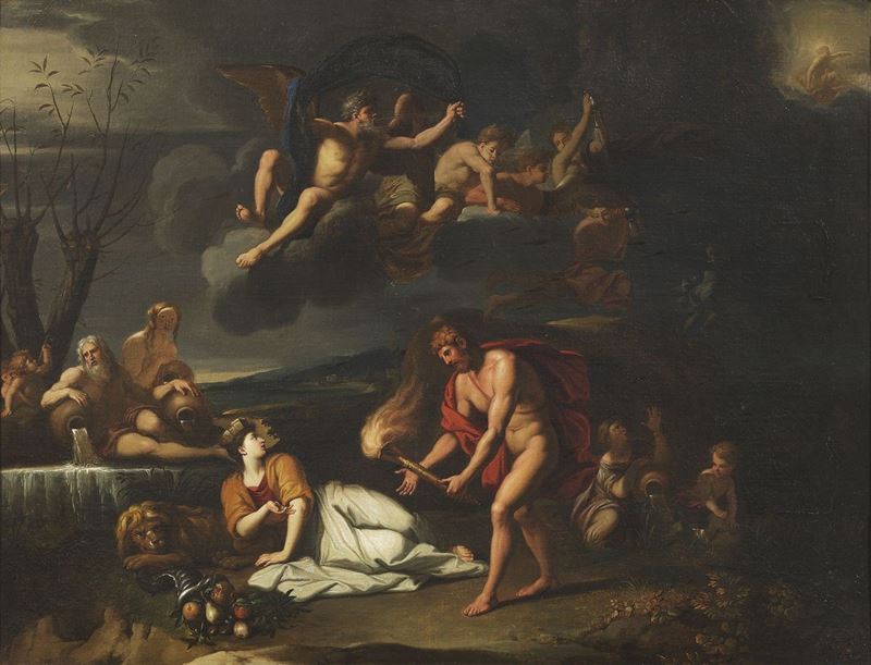 Scuola Francese Fine XVII Secolo - Allegoria con Divinità Fluviali e Apollo sul Carro del Sole