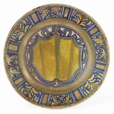 Piatto in Maiolica in Blu e a Lustro Oro e Rosso