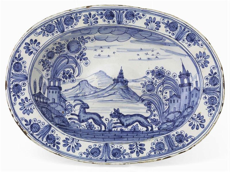 Vassoio Ovale in Maiolica Bianco-blu