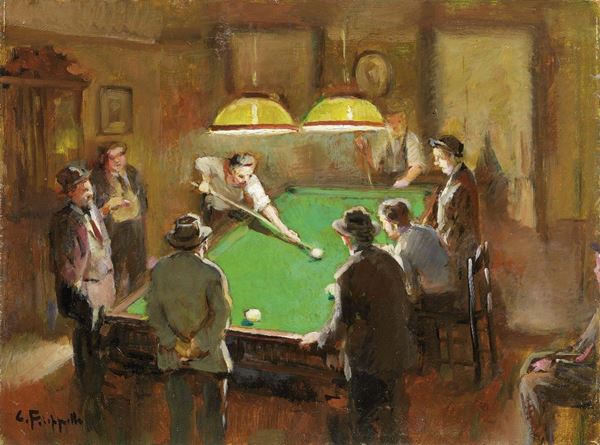 Cafiero Filippelli : Al biliardo  (1953)  - Olio su tavola - Auction ARTE MODERNA E CONTEMPORANEA - Casa d'aste Farsettiarte