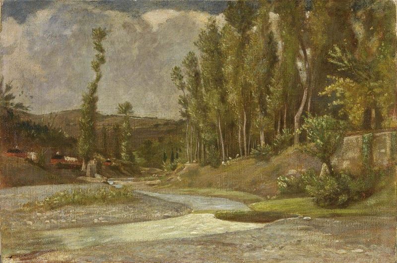 Giovanni (nino) Costa - Veduta di un Torrente Circondato da Gruppi di Pioppi