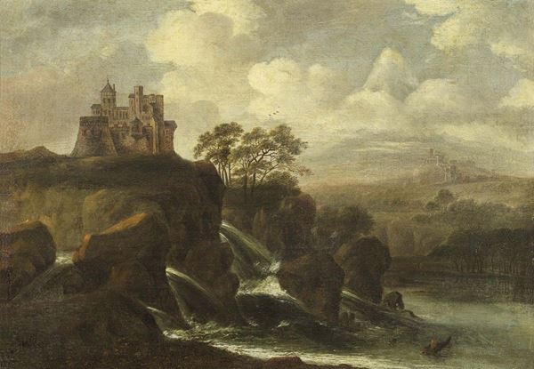 Ignoto fine XVII secolo - Paesaggio immaginario con castello e cascate