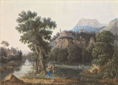 «paesaggio con Fiume e Borgo Murato» e «paesaggio con Cascata, Ponte e Figure»