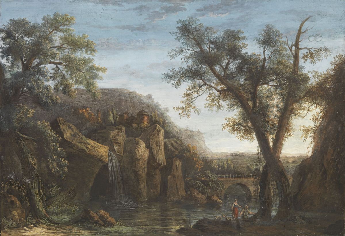 Scuola Francese Fine XVIII Secolo - «paesaggio con Fiume e Borgo Murato» e «paesaggio con Cascata...
