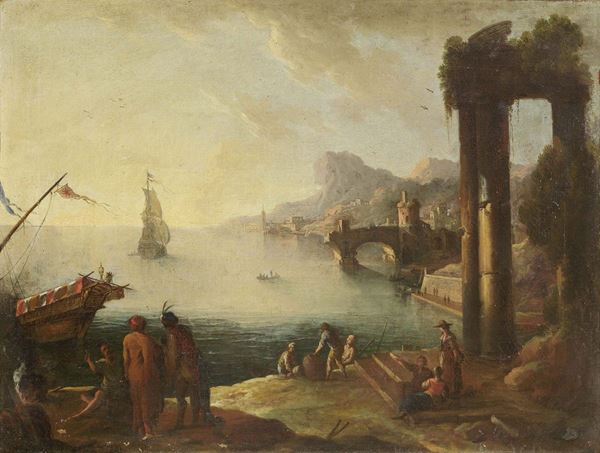 Scuola fiamminga del XVIII secolo - «Veduta ideale di porto con torre» e «Veduta ideale di porto con rovine»