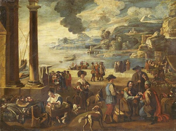 Scuola fiamminga del XVIII secolo - Scena di mercato in un porto
