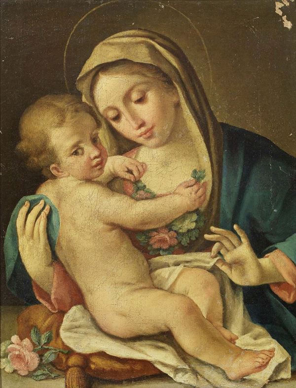 Scuola romana inizio XVIII secolo - Madonna col Bambino e rose