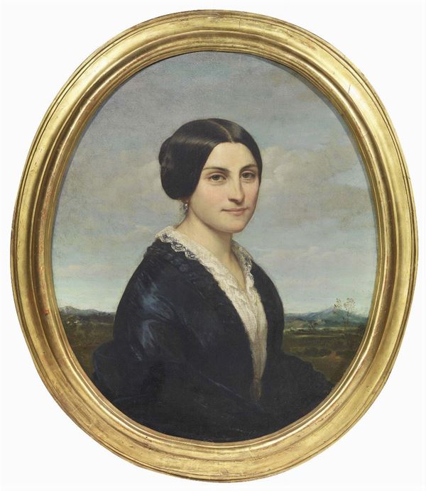 Ignoto del XIX secolo - Ritratto di gentildonna con sfondo di paesaggio