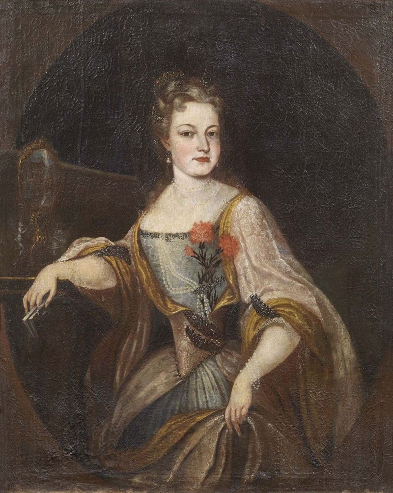 Scuola Veneta del XVIII Secolo - Ritratto di Dama con Garofani