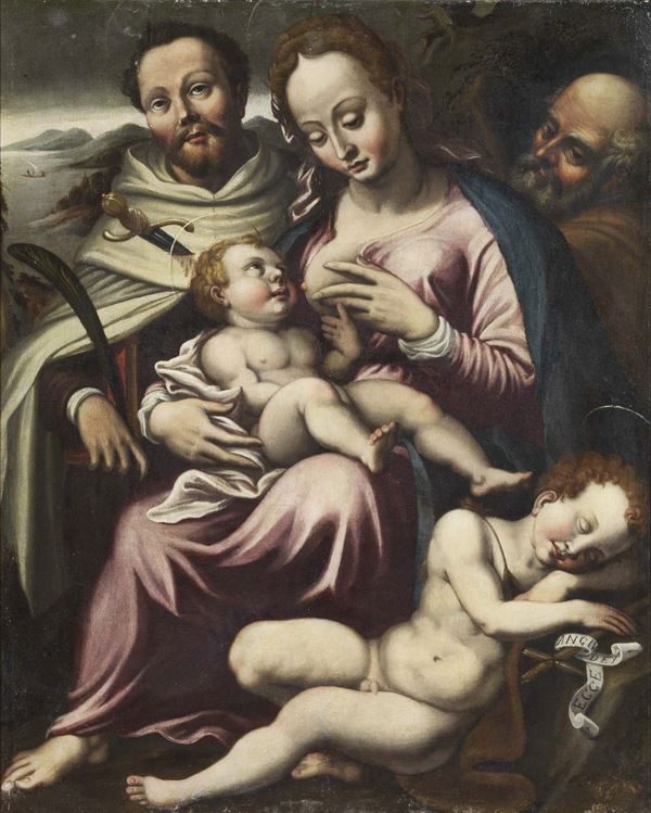 Scuola emiliana del XVII secolo - Sacra Famiglia con San Giovannino e Santo Domenicano