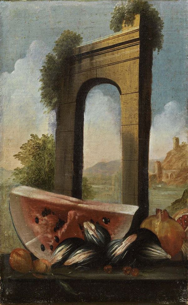 Scuola italiana del XVIII secolo - «Natura morta con cocomero, fichi e arco» e «Natura morta con uva, pere e rovine architettoniche»
