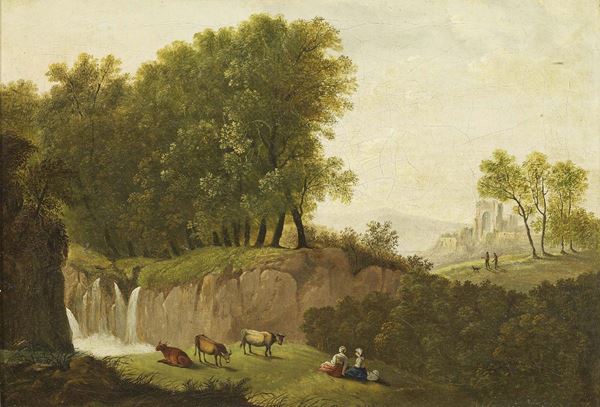 Ignoto del XVIII secolo : Paesaggio con armenti  - Olio su tela - Auction ARTE MODERNA E CONTEMPORANEA - Casa d'aste Farsettiarte