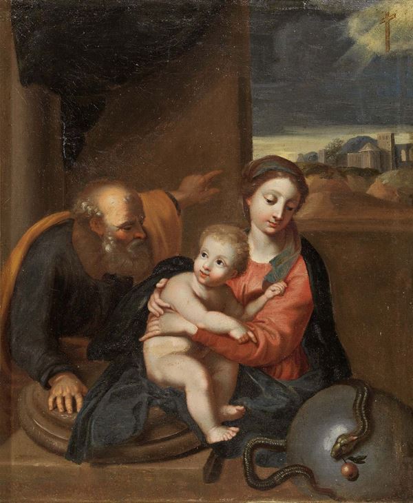 Scuola emiliana fine XVII secolo - Sacra Famiglia con il simbolo del peccato originale e della Croce