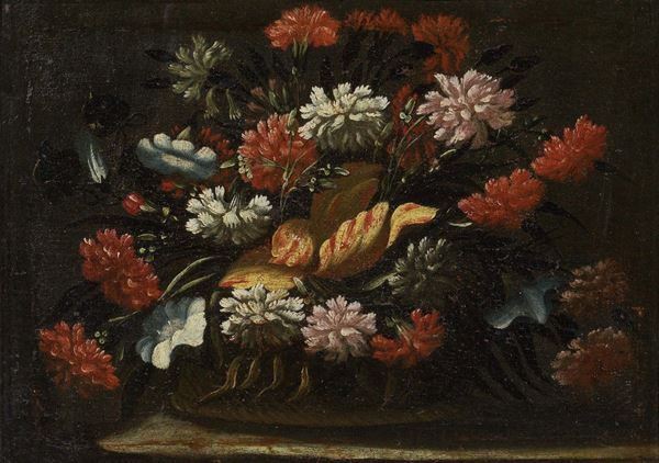 Scuola Nord Italia del XVII secolo : Natura morta con fiori e cesta  - Olio su tela - Asta ARTE MODERNA E CONTEMPORANEA - Casa d'aste Farsettiarte