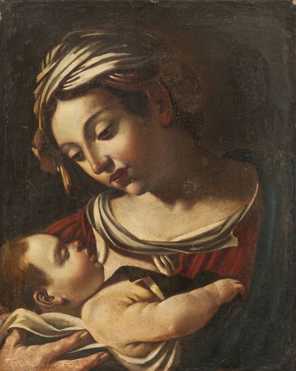 Giovanni Francesco Barbieri, detto il Guercino (bottega di) : Madonna col Bambino  - Olio su tela - Asta ARTE MODERNA E CONTEMPORANEA - Casa d'aste Farsettiarte
