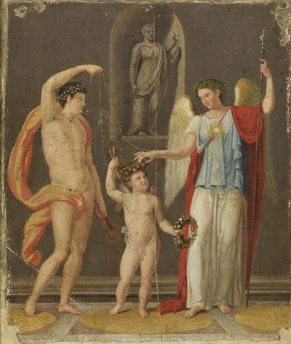 Ignoto neoclassico : Minerva, Cupido e figura maschile reggitorcia  - Olio su tela riportata su tavola - Asta ARTE MODERNA E CONTEMPORANEA - Casa d'aste Farsettiarte